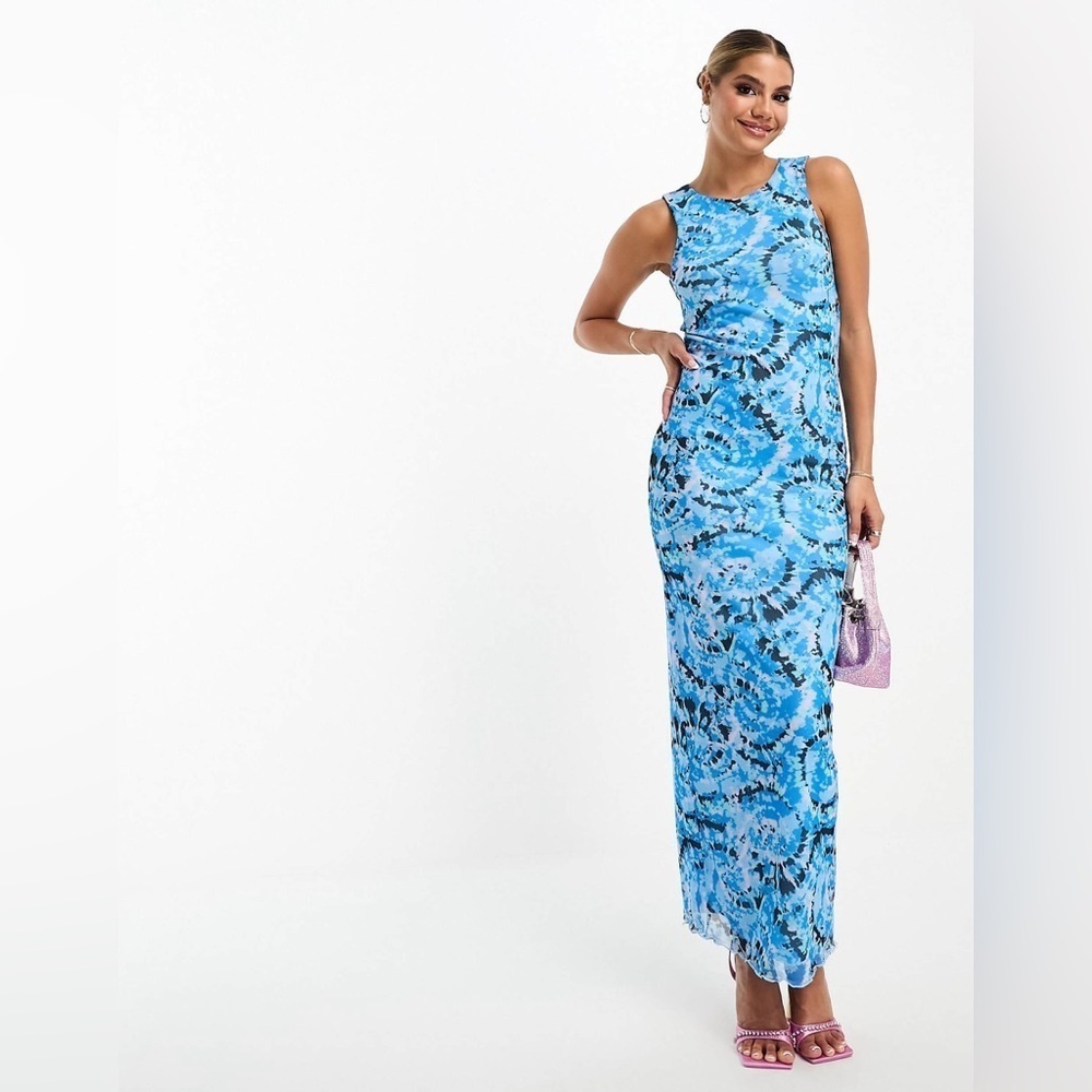 NWOT Something New Serena Print Sleeveless Mesh Maxi Dress Malibu Blue XS